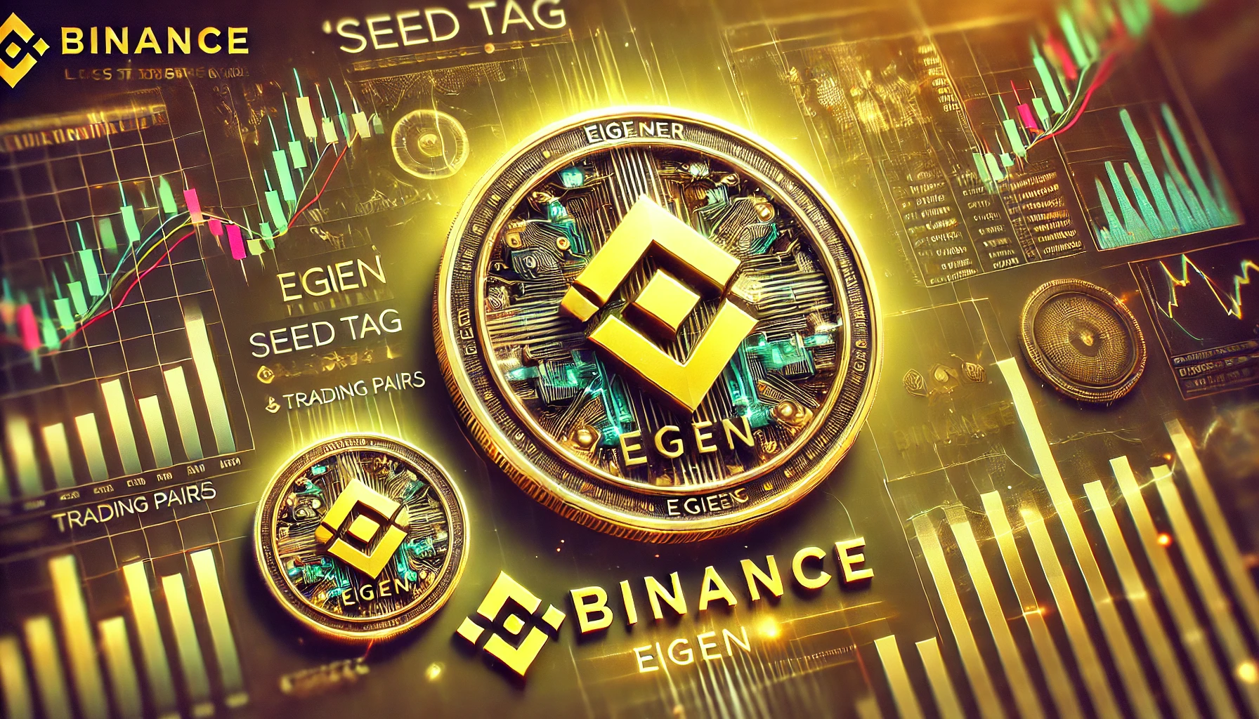 the announcement of Binance listing the EigenLayer EIGEN token The design features the Binance logo and the EIGEN tok