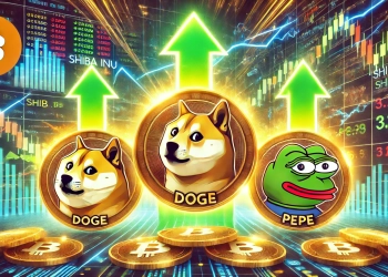 the meme coin rally of Dogecoin DOGE Shiba Inu SHIB and Pepe Coin PEPE. The image features the logos of thes