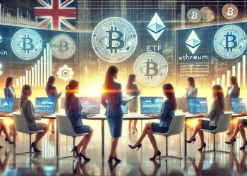 women engaging in cryptocurrency investments. The scene should show a modern office setting with diverse w