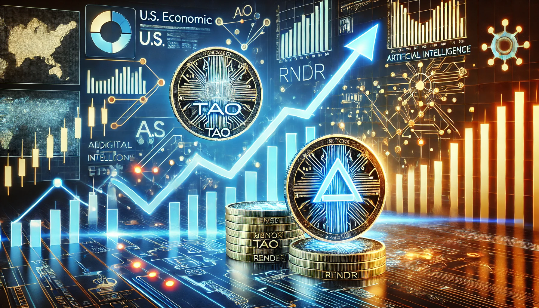 AI focused cryptocurrencies rising in value featuring digital coins for Bittensor TAO and Render RNDR with upward grap