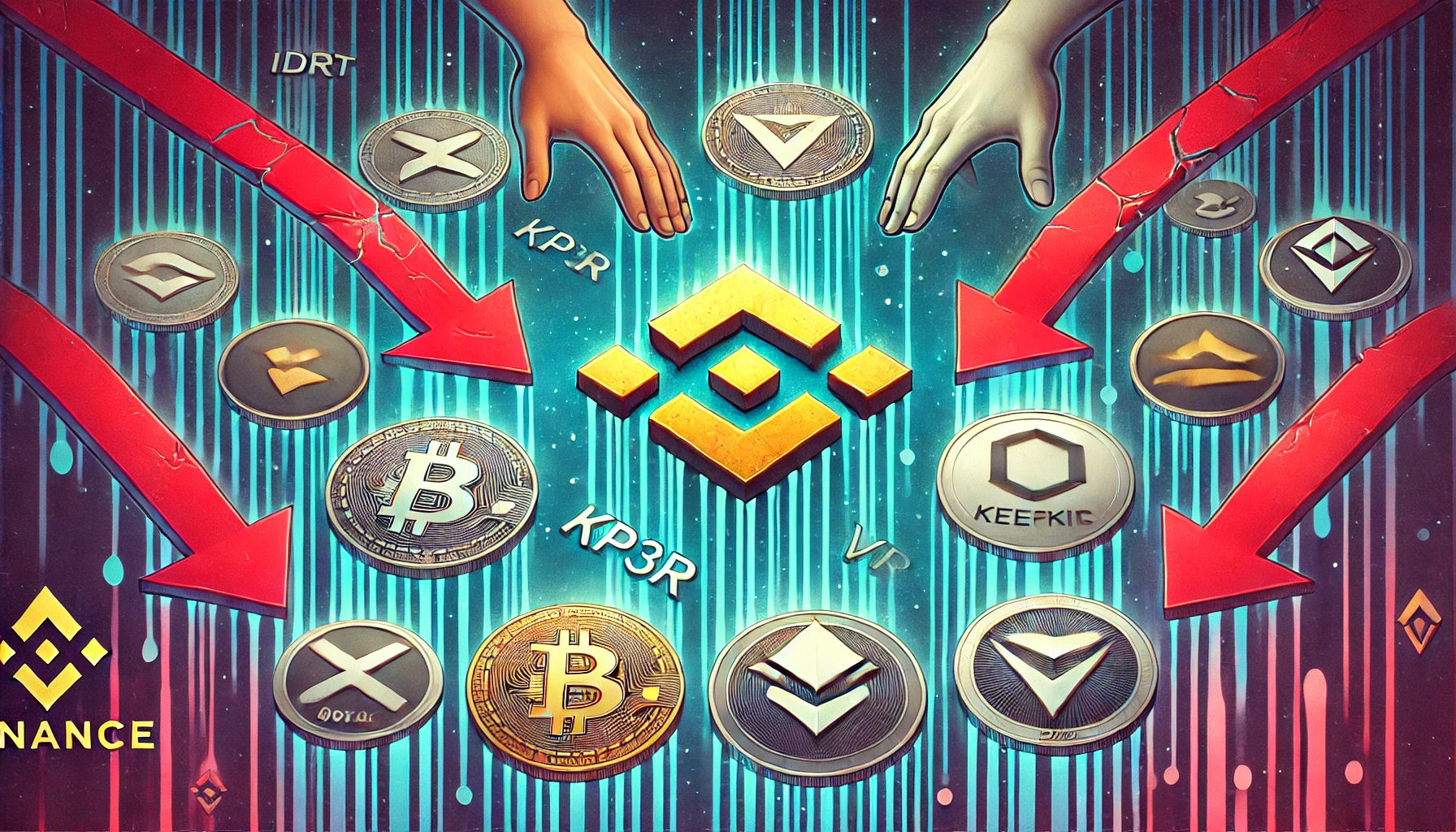 Binance delisting four altcoins. The image should feature the Binance logo prominently along with the logos of the altcoin