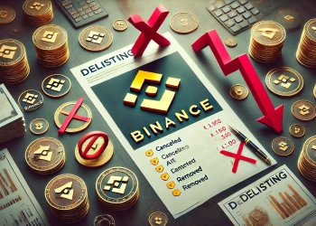 Binance is delisting announcement. The image should feature the Binance logo prominently with symbols of altcoins