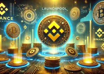 Binances Launchpool highlighting the process of staking and earning new tokens. The scene features the Binance