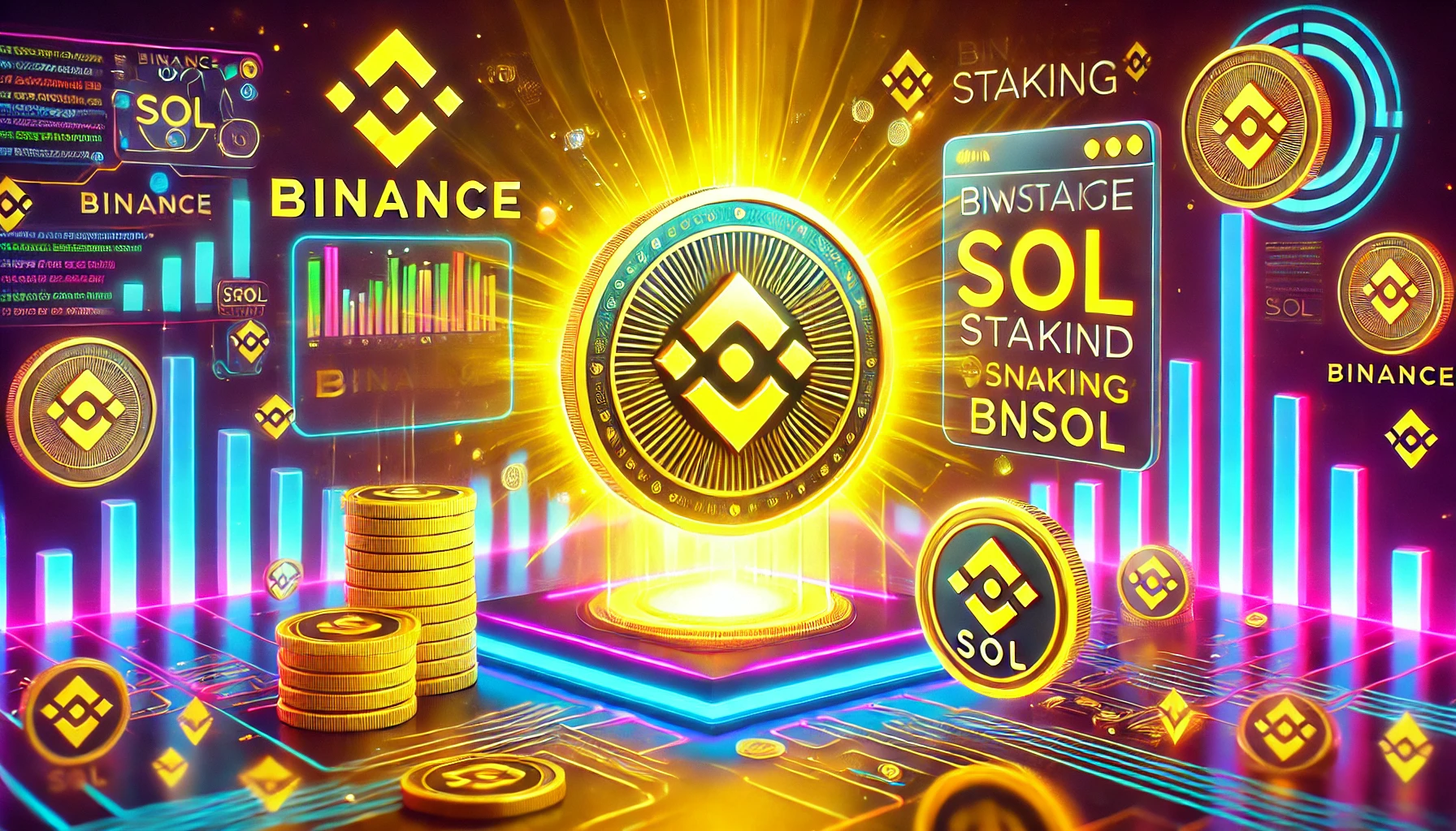 Binances new announcement for Solana users. The scene should prominently feature the Binance logo Solana SOL symbol