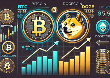 Bitcoin BTC and Dogecoin DOGE market analysis The image should feature the Bitcoin and Dogecoin logos with charts or g