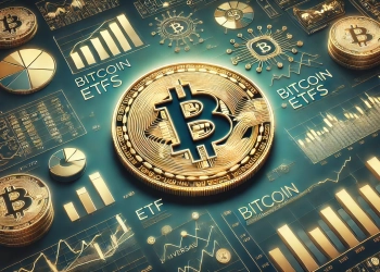 Bitcoin ETFs. The image features the Bitcoin symbol prominently alongside representations of ETF charts and fin