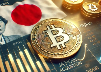 Bitcoin acquisition with a small Japanese flag theme. The Bitcoin symbol should be prominently displayed while a subtle and s