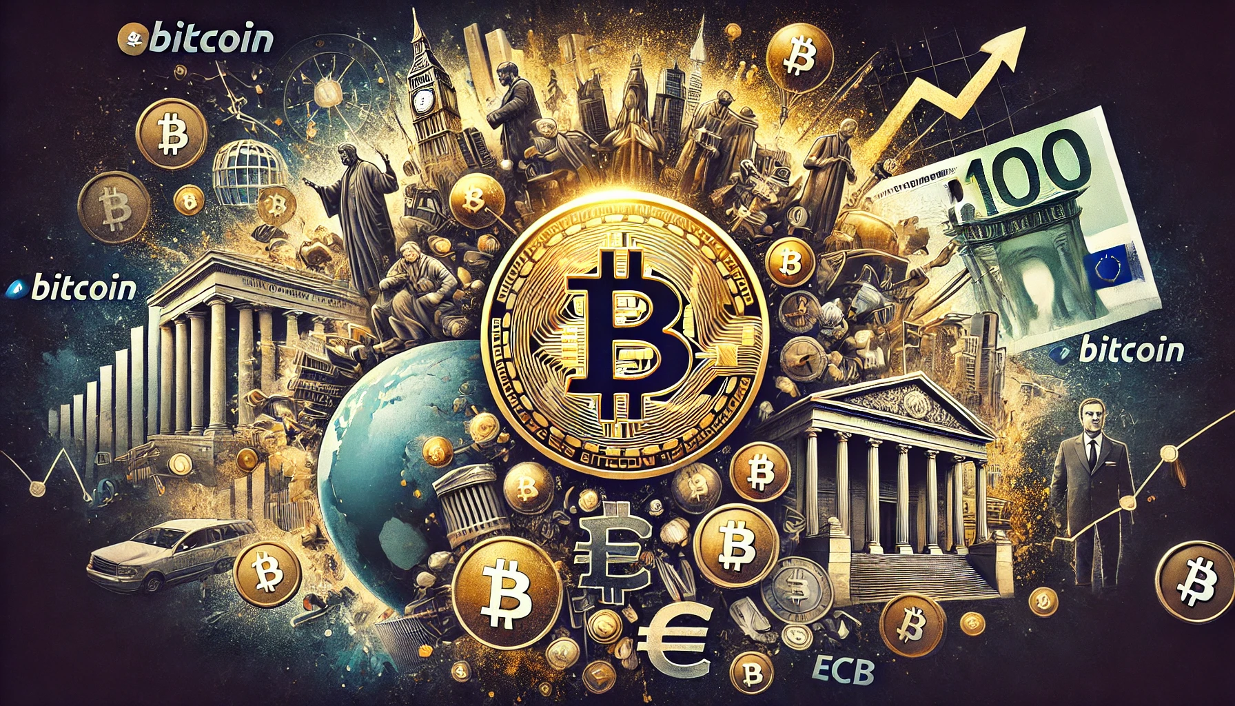 Bitcoin is influence on wealth inequality and its potential societal impact. The central focus is the Bitcoin logo sur