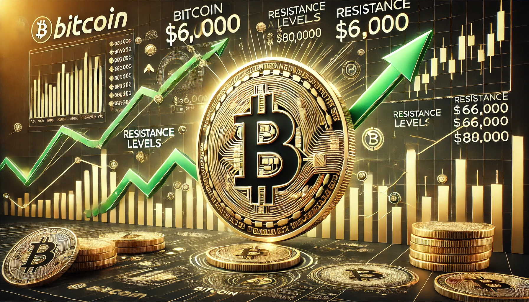 Bitcoin is potential bull market and a target of 80000. The visual should feature a prominent Bitcoin symbol with price charts