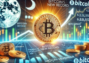 Bitcoin is potential new record as investor confidence grows. Display a prominent Bitcoin symbol with upward trending charts a