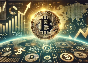 Bitcoin potentially becoming a top asset in 2025. The image should feature a large central Bitcoin symb