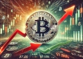 Bitcoin struggling to surpass the 70000 mark with a focus on market volatility. The image should feature the Bitcoin log