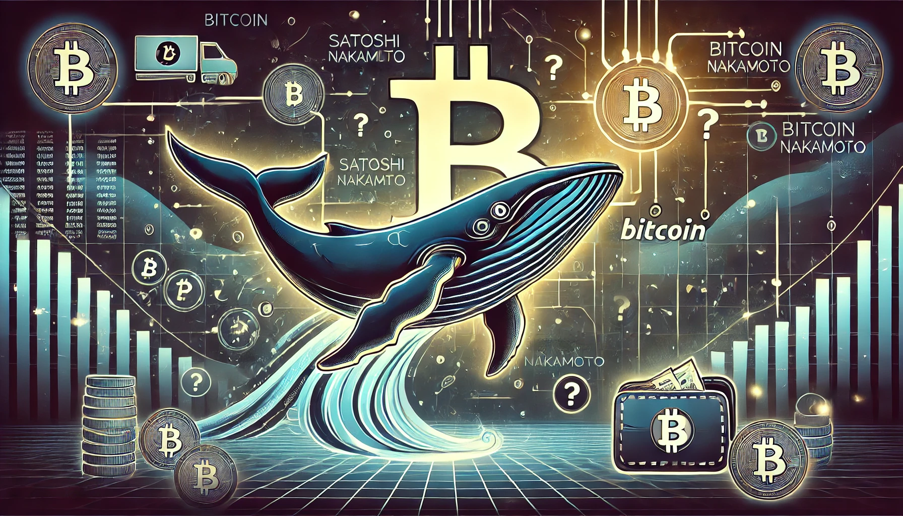 Bitcoin whale from the Satoshi era moving large amounts of BTC The image features a mysterious Bitcoin logo in the foreg