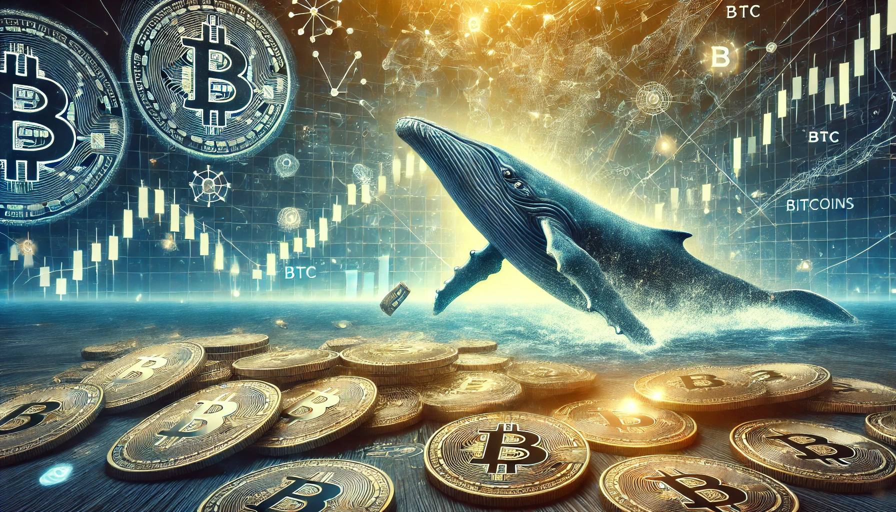 Bitcoin whale making a large transaction set against a backdrop of digital Bitcoin symbols and blockchain networks. The