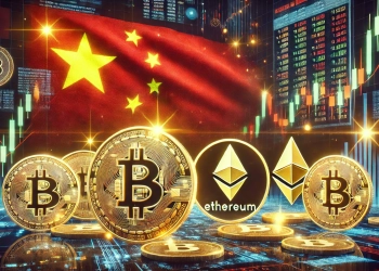 China and cryptocurrency The image includes the Chinese flag and symbols of major cryptocurrencies like Bitcoin and Ethere