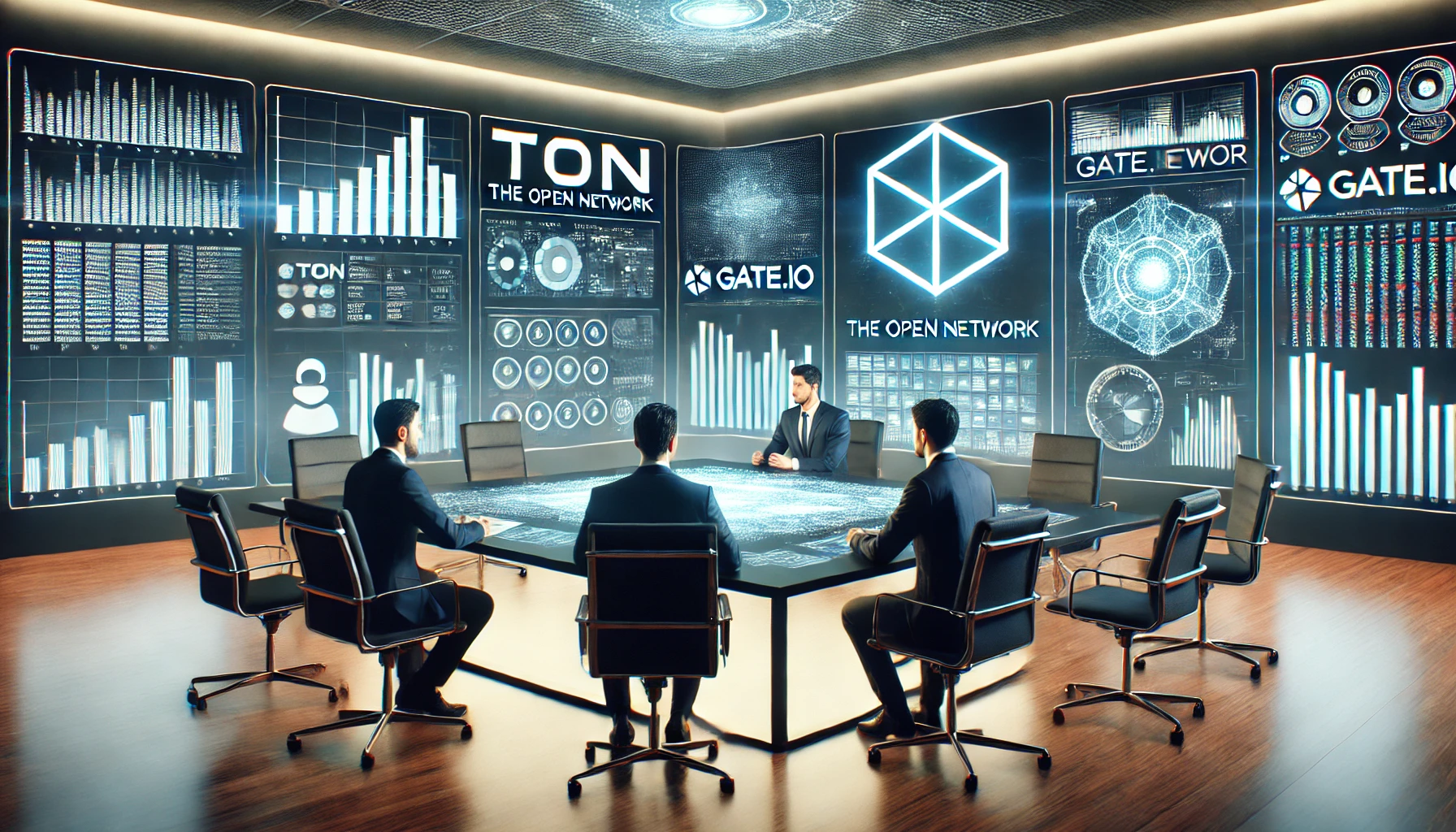 DALL·E 2024 10 10 13.32.21 A modern financial meeting scene where representatives from TON The Open Network and Gate.io are discussing a major deal. The setting is a sleek fu