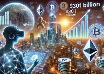 A futuristic digital cityscape representing the growth of the GameFi sector by 2030. The image features glowing blockchain skyscrapers and NFTs floating in the sky, with a gamer wearing VR gear interacting with a holographic financial chart showing $301 billion. Game characters and digital tokens surround the player, blending the virtual and real worlds.