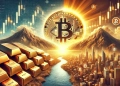 A dramatic landscape featuring a towering mountain of gold bars on one side and a massive glowing Bitcoin symbol rising over a futuristic digital city on the other. A river of flowing data runs between the two, symbolizing the transition from traditional to digital finance, with clouds shaped like candlestick charts in the sky.