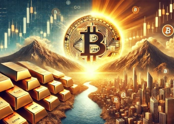 A dramatic landscape featuring a towering mountain of gold bars on one side and a massive glowing Bitcoin symbol rising over a futuristic digital city on the other. A river of flowing data runs between the two, symbolizing the transition from traditional to digital finance, with clouds shaped like candlestick charts in the sky.