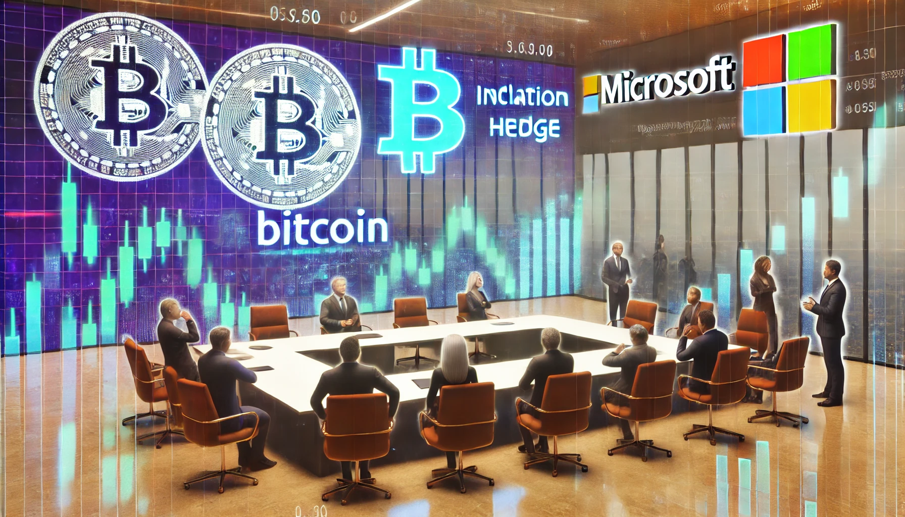  futuristic boardroom scene showing Microsoft shareholders gathered around a conference table, discussing financial strategies. A large screen in the background displays digital symbols for Bitcoin and inflation metrics, signifying a debate on using Bitcoin as an inflation hedge. Shareholders display mixed reactions, with some looking contemplative while others appear skeptical.