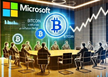 A modern corporate meeting with Microsoft shareholders in a sleek boardroom. In the background, multiple screens show overlapping graphics of Bitcoin symbols, inflation data, and financial charts. Some shareholders appear concerned, while others express disagreement, illustrating the tension surrounding Bitcoin’s role in financial planning as an inflation hedge.