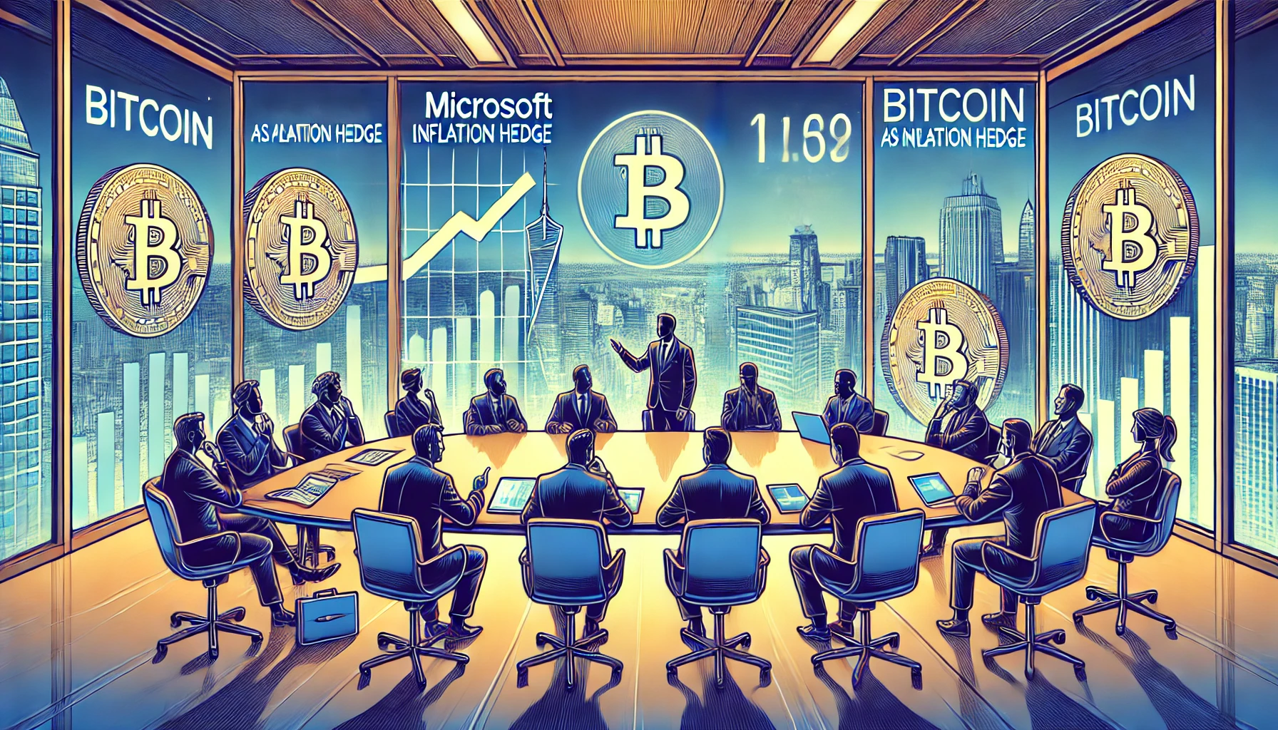  A landscape view of a financial conference, featuring Microsoft shareholders deliberating over Bitcoin as an inflation hedge. High-rise windows showcase a city skyline, adding to the corporate ambiance. Bitcoin symbols and inflation graphs are prominently displayed on screens, with shareholders divided in opinion, showing gestures of uncertainty and debate.