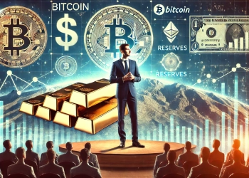 "A confident CEO stands on stage at a financial conference, addressing an audience with a large screen displaying Tether's reserves in the background. The screen includes symbols of Bitcoin, gold bars, and stacks of U.S. dollar bills, with a subtle representation of the U.S. Department of Justice logo fading into the background. The atmosphere conveys assurance, professionalism, and transparency in cryptocurrency finance."