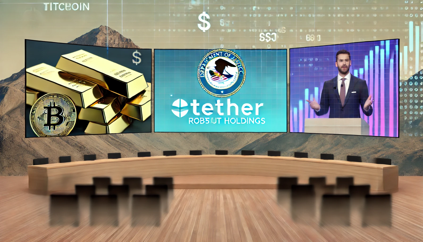 "In a financial conference environment, a CEO stands before an audience with screens that display representations of Tether’s reserves: Bitcoin symbols, stacks of U.S. Treasury bonds, and gold bars. A faded Department of Justice logo appears in the distance, highlighting the regulatory context. The scene communicates Tether’s resilience and commitment to regulatory compliance."