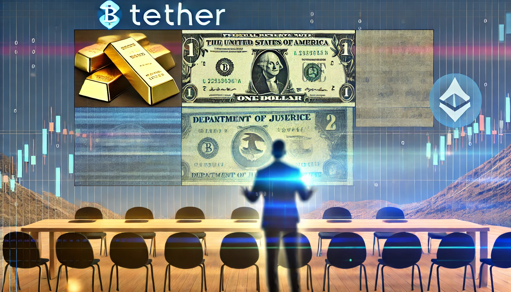 A CEO addresses an audience in a conference setting, with large digital screens behind him showcasing Tether’s holdings, including U.S. Treasury bonds, gold bars, and Bitcoin symbols. An abstract Department of Justice logo fades in the background, symbolizing regulatory scrutiny. The image emphasizes transparency, trust, and confidence in Tether's financial strength."