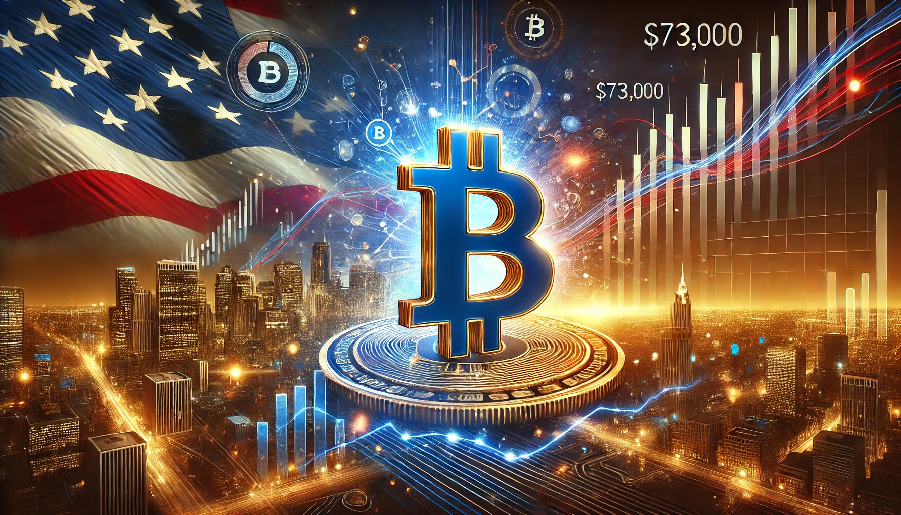 A digital illustration of a Bitcoin symbol prominently rising in value against a futuristic cityscape, with blue and gold lights illuminating the scene. Financial charts and graphs surround the Bitcoin symbol, showing a projected surge to $73,000. A subtle American flag wave integrates into the background, symbolizing the connection to U.S. Election Day, creating an atmosphere of anticipation