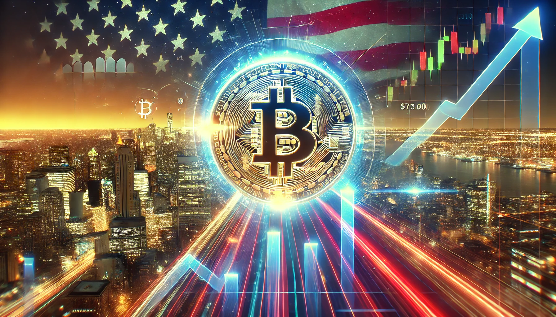 A futuristic, cinematic landscape featuring a large Bitcoin symbol in the foreground with financial charts indicating an upward surge towards $73,000. The scene includes a glowing modern cityscape at dusk with colors subtly evoking the American flag, highlighting the influence of U.S. Election Day on Bitcoin’s projected growth