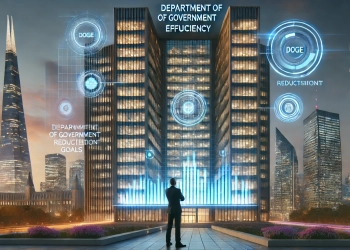 A futuristic high-rise building illuminated against a twilight sky, serving as the headquarters for the Department of Government Efficiency (DOGE). In the foreground, a visionary leader examines holographic charts that depict government spending goals. The building's sleek design and advanced technological elements reflect a commitment to fiscal responsibility and transparency in governance.