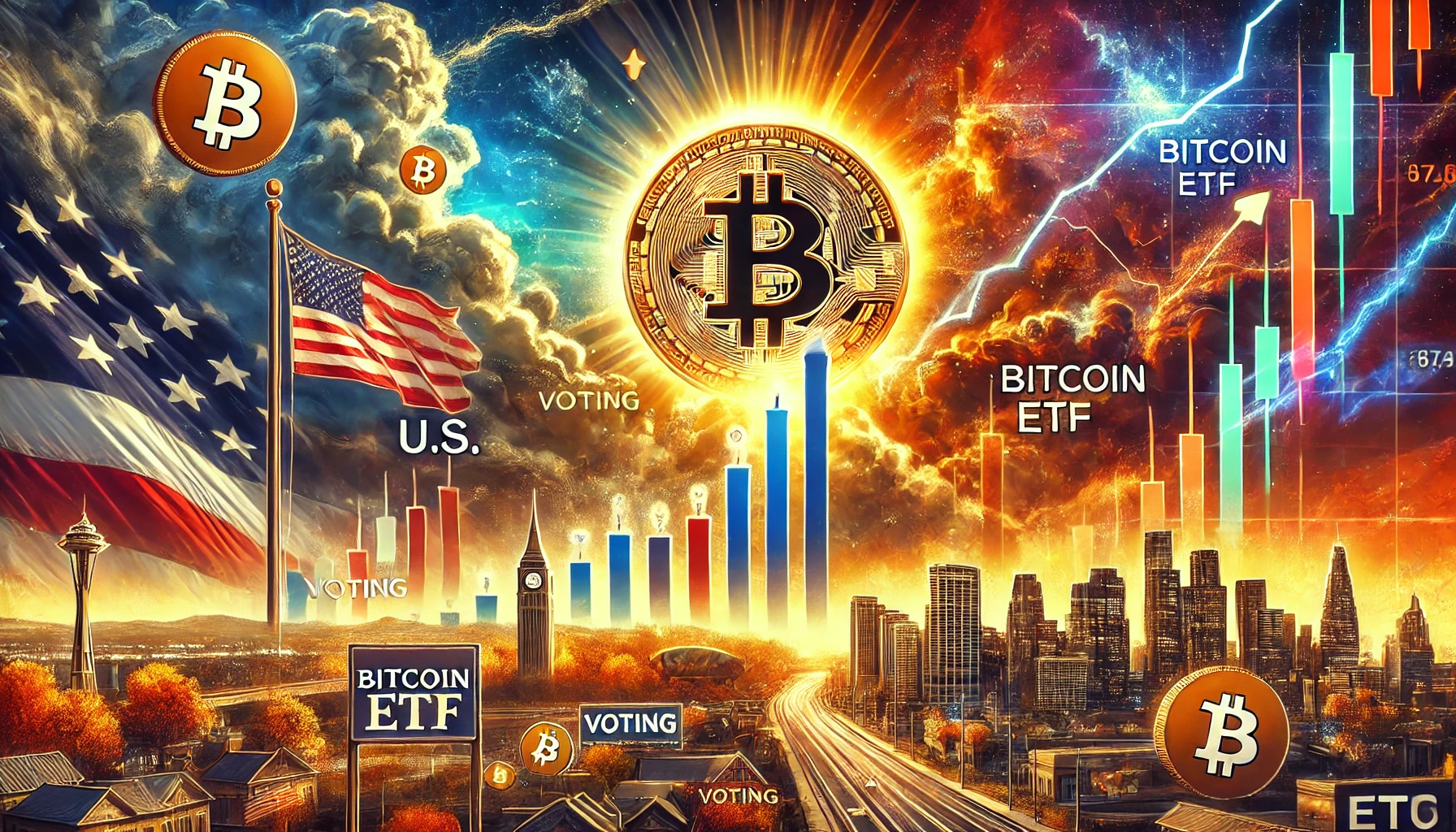 A digital illustration of Bitcoin rising above $71,000, depicted as a large golden coin against a dramatic background. On the left, symbols of U.S. political tension, including flags and election signs, emphasize the election's influence. On the right, financial elements like ETF logos and rising line graphs indicate increased market interest. Dark clouds and vibrant lighting add to the image’s energetic and intense atmosphere.