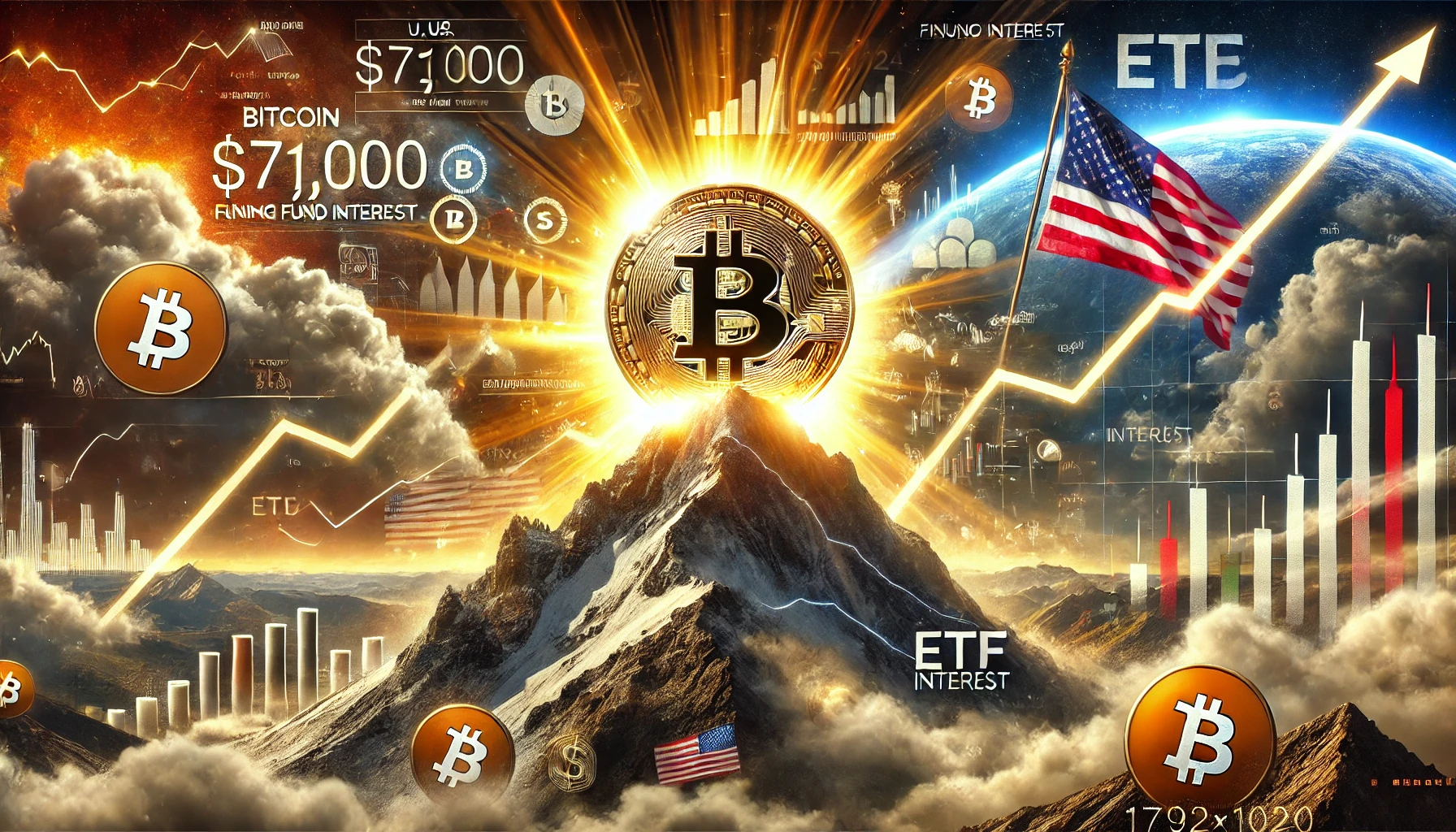 A creative artwork showcasing Bitcoin reaching past $71,000, represented by a luminous gold coin atop a virtual mountain. On one side, U.S. election-related graphics, including flags and candidate symbols, add a sense of political turmoil. The other side displays financial charts with bold upward trends and ETF symbols, hinting at rising fund interest. The background features a mix of stormy clouds and vivid lighting, suggesting market volatility and excitement.