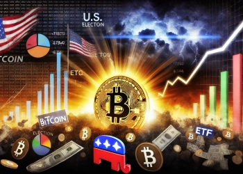 An elaborate illustration of Bitcoin surpassing $71,000, with a large glowing coin standing out against a turbulent scene. Political symbols like U.S. flags and ballot images are on the left, while financial charts with steep upward lines and ETF icons appear on the right. Dark, stormy clouds and intense lighting around Bitcoin create a dramatic, high-energy atmosphere, symbolizing the blend of political tension and investment interest in the crypto market.