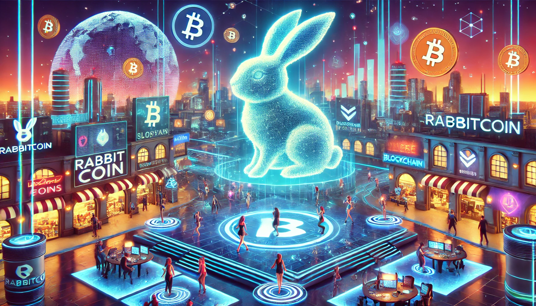 A futuristic digital landscape with a bustling virtual cityscape representing the RabbitCoin Play-to-Earn platform. The scene features holographic advertisements, floating digital coins, and a glowing rabbit-inspired logo. Players engage in gaming activities, surrounded by neon-lit buildings and a large, illuminated blockchain network structure in the background, symbolizing cryptocurrency technology in a high-tech setting