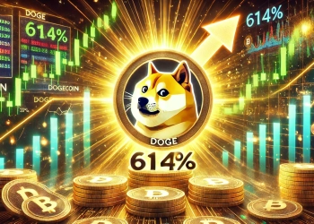 Dogecoin is DOGE predicted price surge. The image features the Dogecoin logo at the center surrounded by a bright upwar