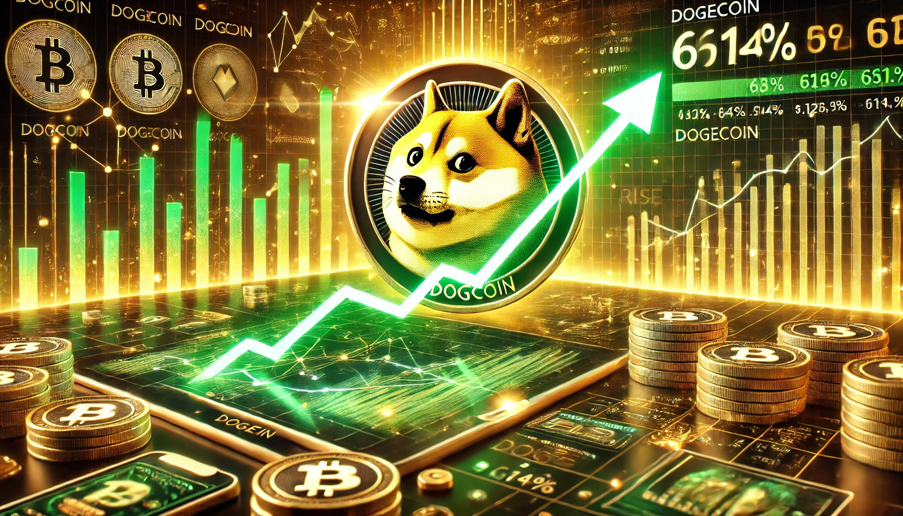 Dogecoin is potential price surge. The image features the Dogecoin DOGE logo prominently with a glowing upward trend l