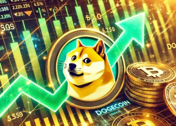 Dogecoin logo with a focus on its recent market performance. The image showcases upward price arrows symboli