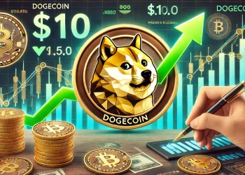 Dogecoin potentially reaching 10. The visual should prominently feature the Dogecoin logo with upward price movement indicato