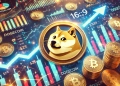 Dogecoin showcasing its recent rise in the cryptocurrency market. Display the Dogecoin symbol prominently with a background o