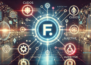 Fetch.ai is recent advancements and partnerships in AI and blockchain. Display the Fetch.ai symbol prominently surrounded by e