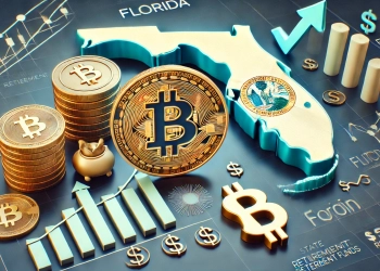 Florida is interest in adding Bitcoin to retirement funds featuring a Bitcoin icon next to state symbols such as the outline