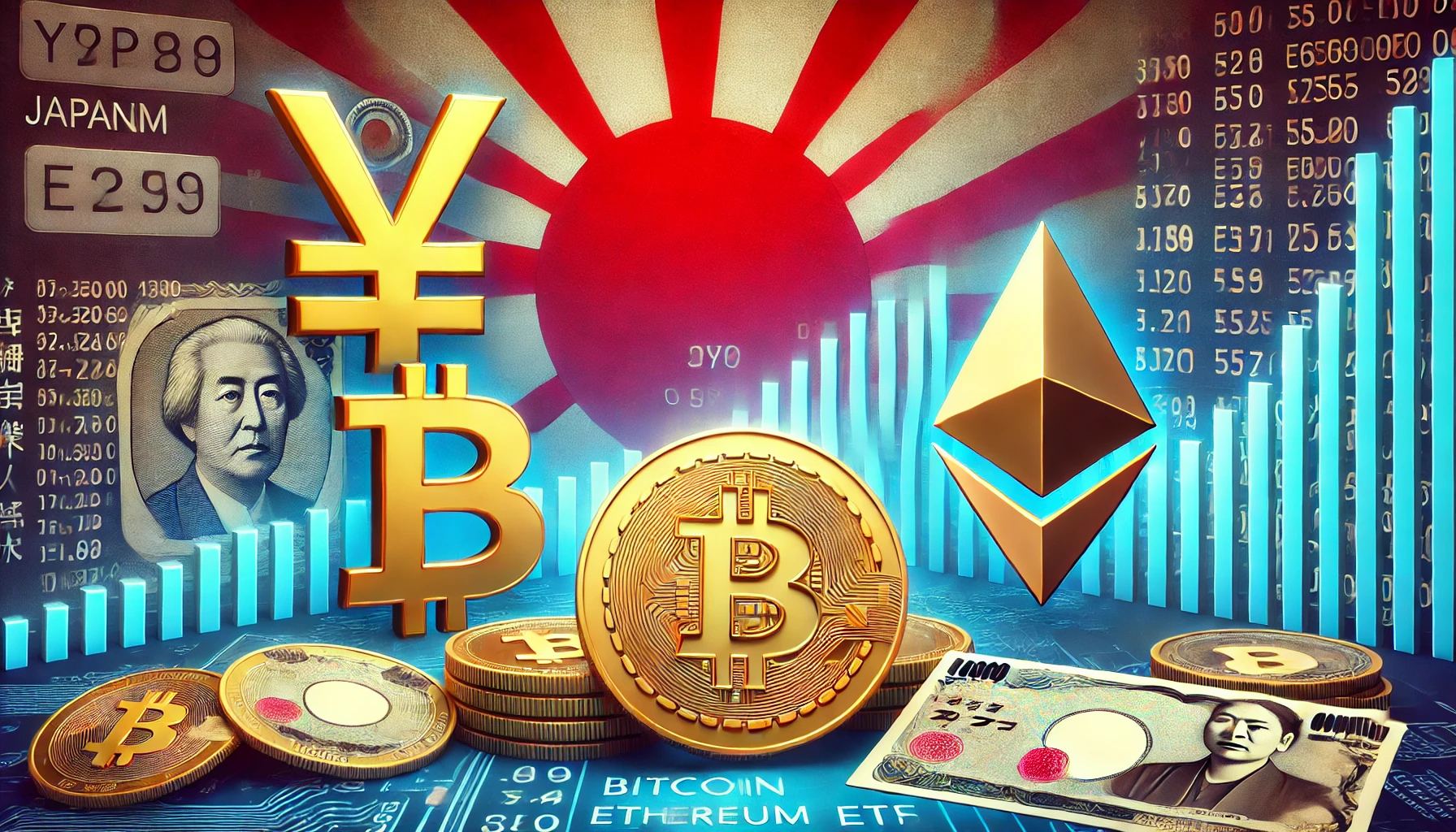 Japan is move toward Bitcoin and Ethereum ETFs with Japanese financial elements like the yen symbol alongside Bitcoin and Et