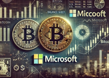 Microsoft is potential adoption of Bitcoin for its balance sheet. Show the Bitcoin and Microsoft logos prominently with a ba