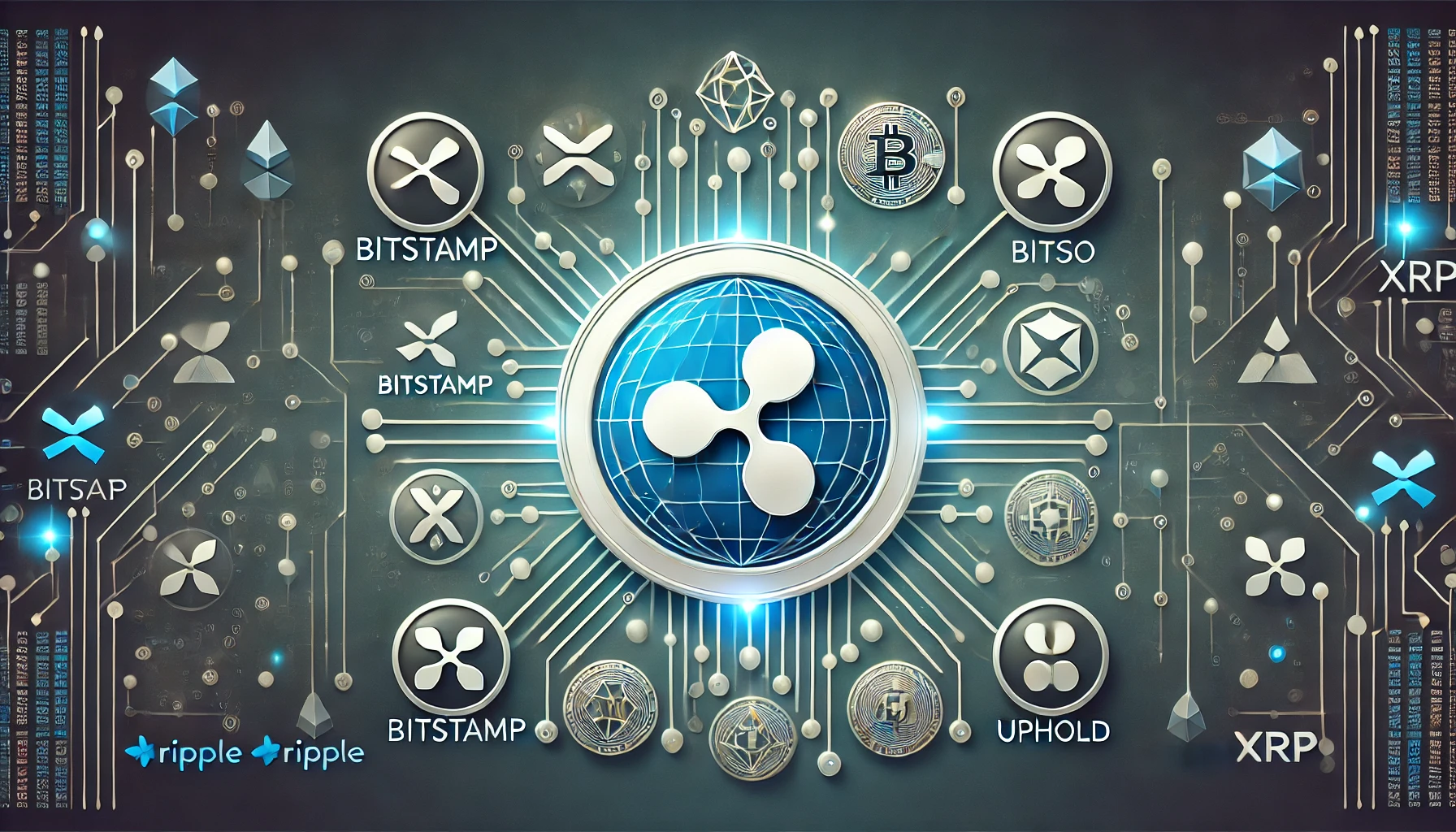 Ripple XRP and its new partnerships with seven exchanges. The Ripple logo should be prominent surrounded by symbols repres