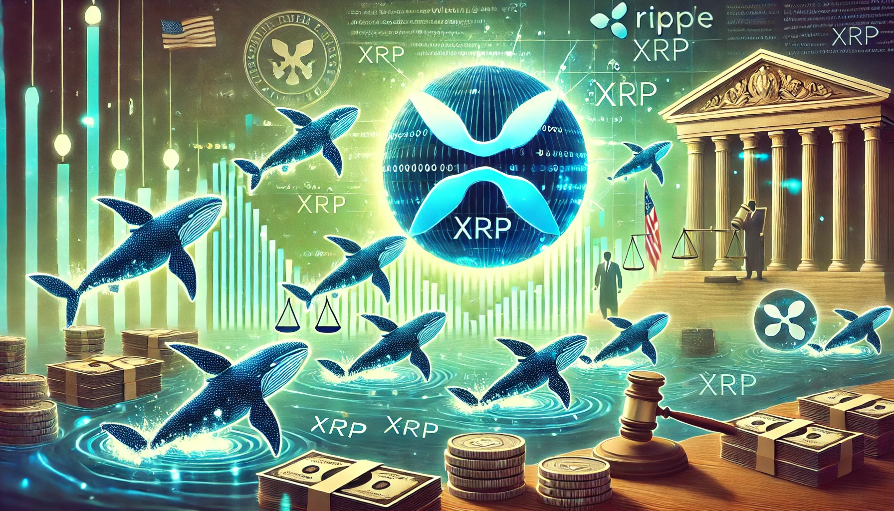 Ripple is appeal against the SEC and the massive XRP whale activity. The image features XRP symbols being transferred with large