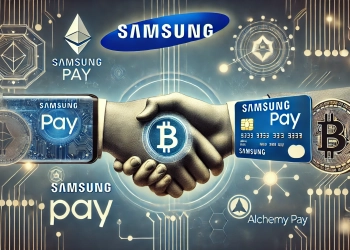 Samsungs partnerships specifically with cryptocurrency platforms. The image features the Samsung logo prom