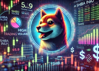 Shiba Inu is high trading volume with a focus on the SHIB logo digital charts showing trading metrics and indicators of tra