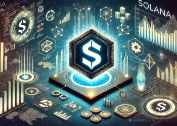 Solana is record breaking performance in the blockchain space. Show the Solana logo with digital financial elements such as c